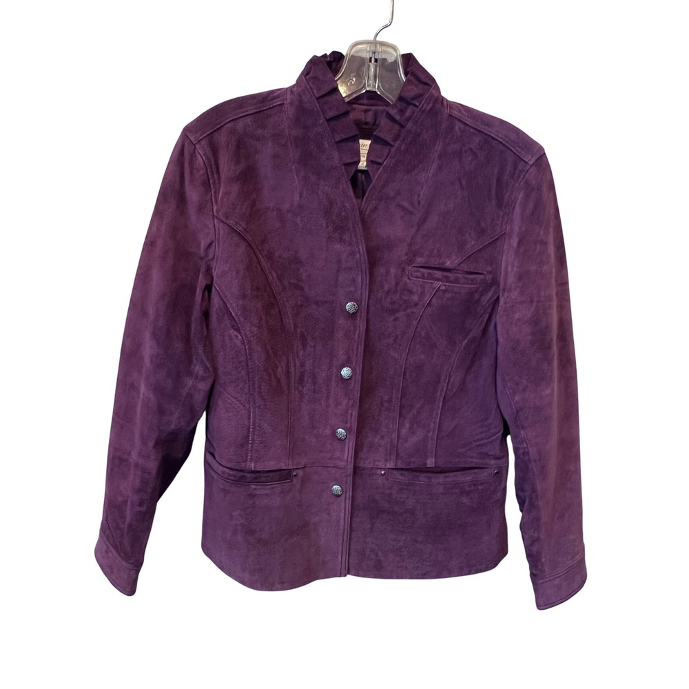 Coldwater Creek Purple Suede Leather Ruffle Collar Jacket PM Petite Medium